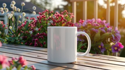 Mockup of white coffee mug on outdoor table with blooming flowers background for branding display