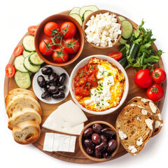 A traditional Turkish breakfast spread featuring menemen, white cheese, olives, tomatoes, cucumbers, and freshly baked bread, isolated on white background.