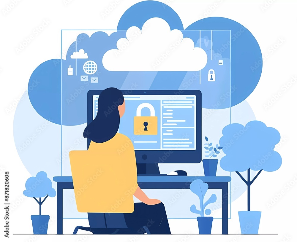 Poster flat vector illustration of a woman sitting at a computer and using security, zooming in on the scre
