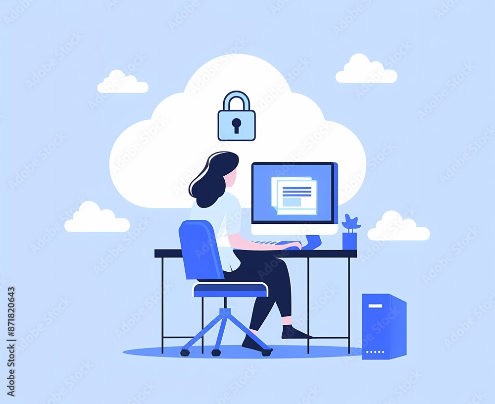 Poster flat vector illustration of a woman sitting at a computer and using security, zooming in on the scre