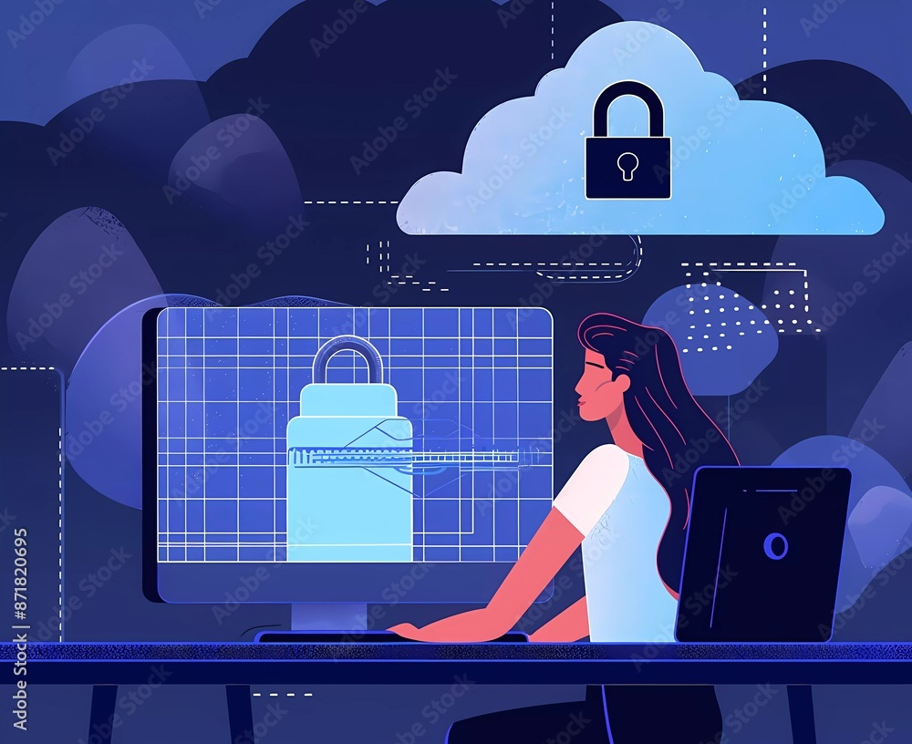 Poster flat vector illustration of a woman sitting at a computer and using security, zooming in on the scre