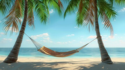 Fototapeta premium A beachside hammock between two palm trees with space for text in the sky