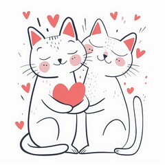 Cat day. Cute cartoon cat couple in love with hearts around on white background, Valentine's Day card with text "you are my sweetie"