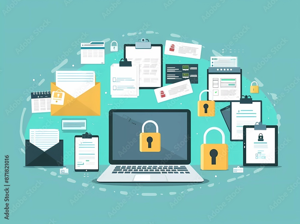 Poster web security vector flat illustration, laptop computer surrounded mobile phone and document style wi