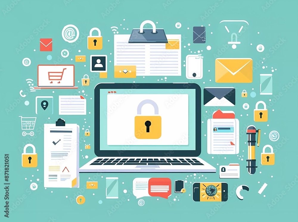 Poster web security vector flat illustration, laptop computer surrounded mobile phone and document style wi