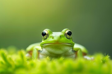Obraz premium Vibrant close up of colorful frog on lush green moss, perfect for nature and wildlife enthusiasts