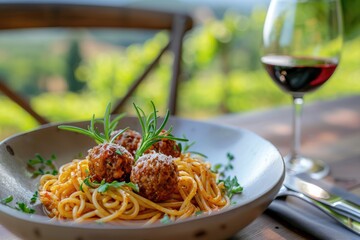 Authentic Italian Culinary Experience: Enjoying a Bowl of Pasta with Meatballs with a Glass of Red Wine at a Rustic Vineyard Trattoria in Scenic Tuscany, Italy.