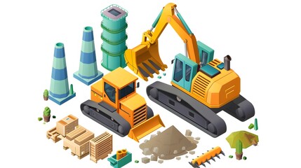 Construction bulldozer and factory isometric style icon design of remodeling working and repairing theme. 