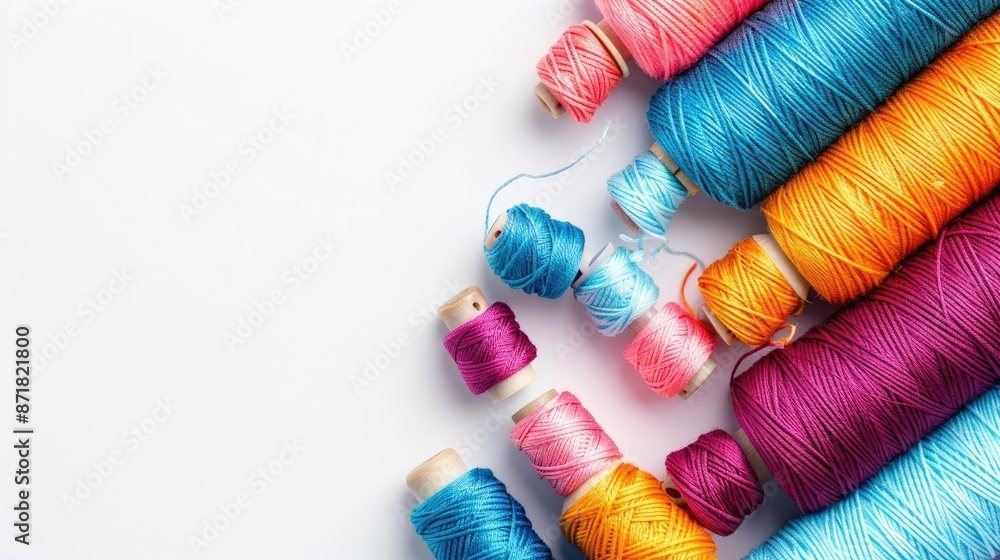 Poster multicolored sewing threads on white background array of colorful cotton bobbins with space for text