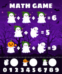 Halloween math game with cute kawaii ghost characters on cemetery, vector worksheet. Kids mathematical quiz and education puzzle or math game for counting and calculation of Halloween boo ghosts