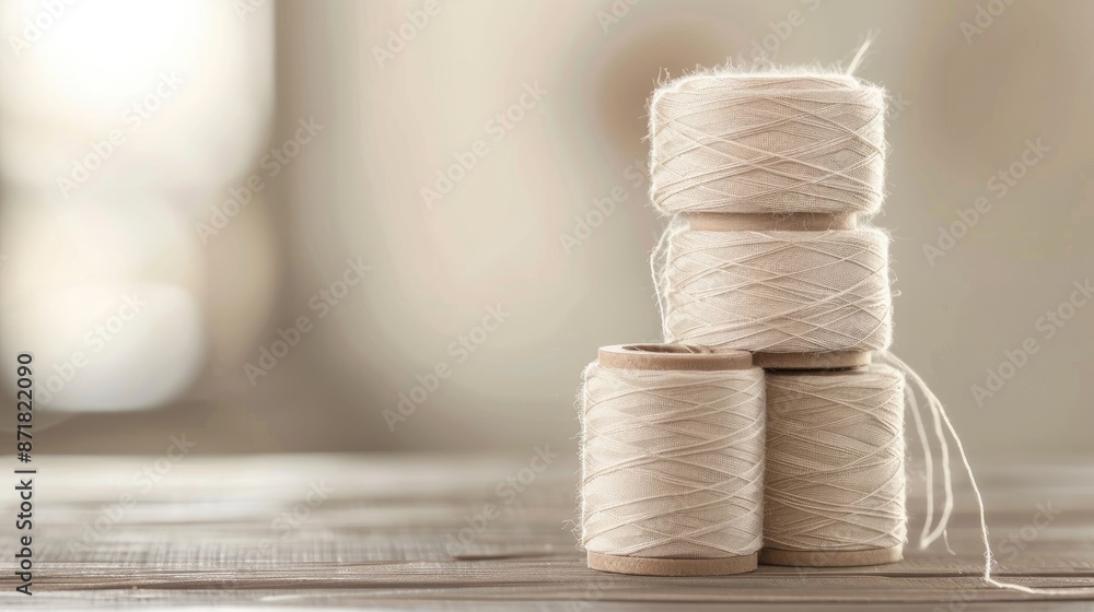 Poster beige thread spools on table with blurred background empty space