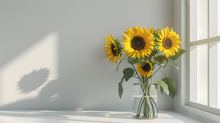 Bouquet of sunflowers in a glass vase on a white table © narumon