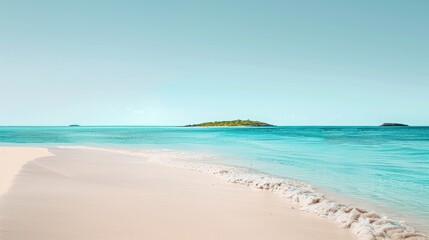 A calm beach scene with a distant island, ample space for text.