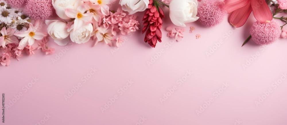 Poster Various beautiful flowers displayed on a pink backdrop in a flat lay composition with an available copy space image.