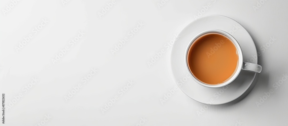 Poster top view of a white coffee or tea cup on a white background with copy space image.