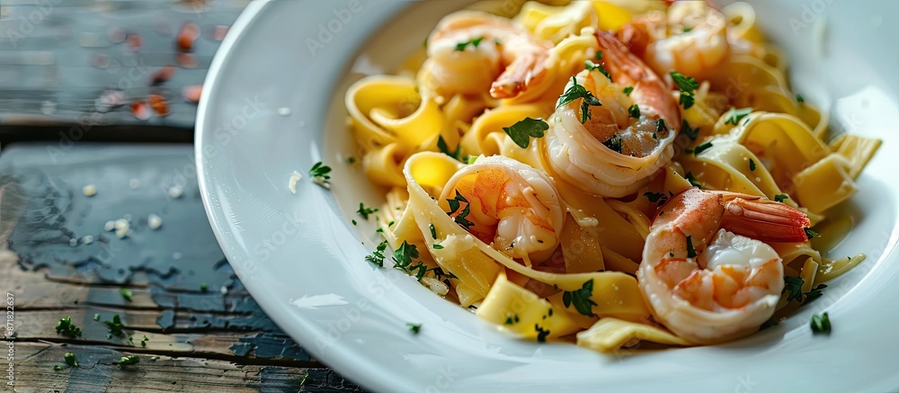 Poster a white plate showcases fettuccini and tagliatelle pasta with shrimp, presenting an italian food sty