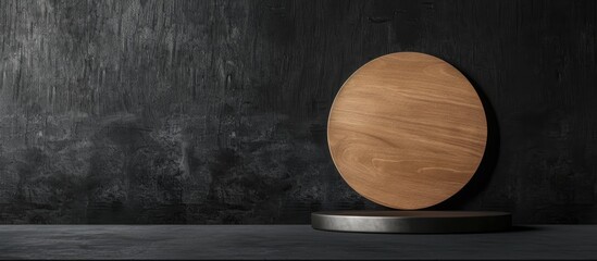 A circular wooden sign with blank space sits on a black table, set up as a basic mockup for a door sign with copy space image.