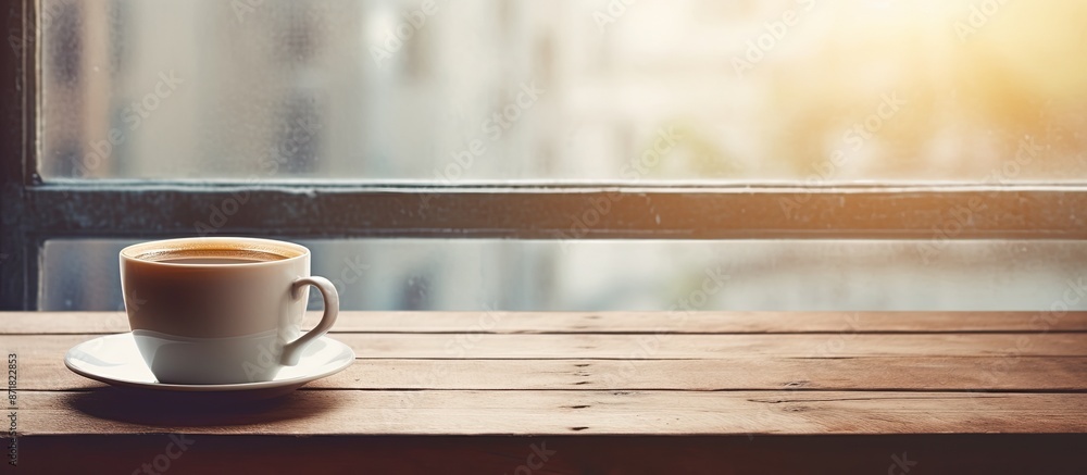 Poster A single cup of coffee on a wooden table, positioned close to a window with empty space for an image.