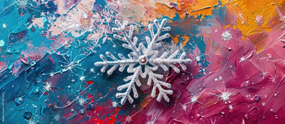 Poster snowflake winter ornament viewed from above on a colorful backdrop, conveying a happy new year theme