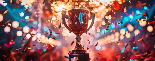 A trophy cup with confetti and streamers exploding around it, set against a backdrop of bright lights and a cheering crowd. The celebration theme is energetic and festive.