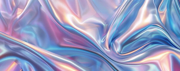 Fototapeta premium Abstract iridescent background design, 3d render, with a sleek, metallic surface. The iridescent finish shifts and changes color with the light, creating a high-tech and futuristic visual effect.