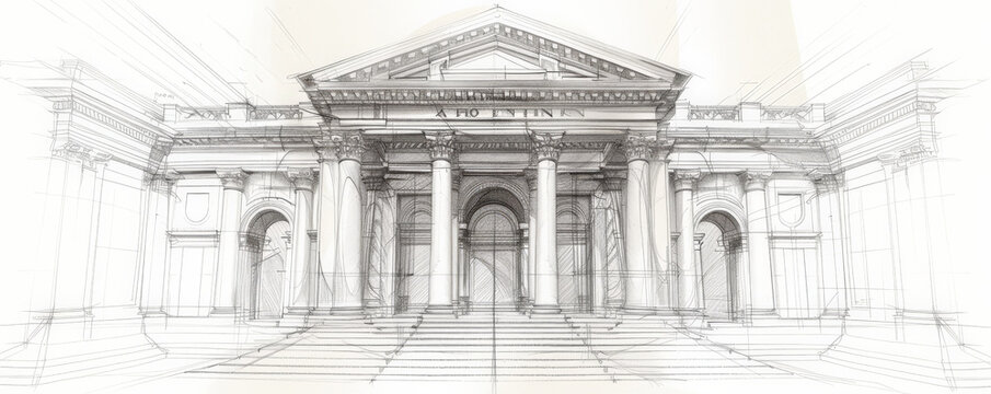 An architectural sketch of a neoclassical government building, with tall columns, a grand staircase, and symmetrical design. The white background highlights the grandeur and formality of the structure