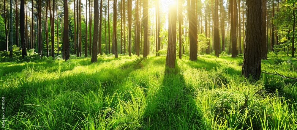 Poster In a serene forest setting, lush green grasses complement the tall pine trees with a backdrop ideal for a copy space image.