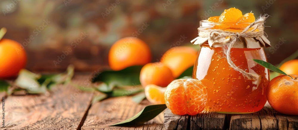 Poster rustic background featuring homemade tangerine fruit preserve with copy space image.