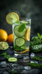 Fototapeta premium Refreshing detox water in close up glass with cucumber, lemon, and mint for a healthy boost