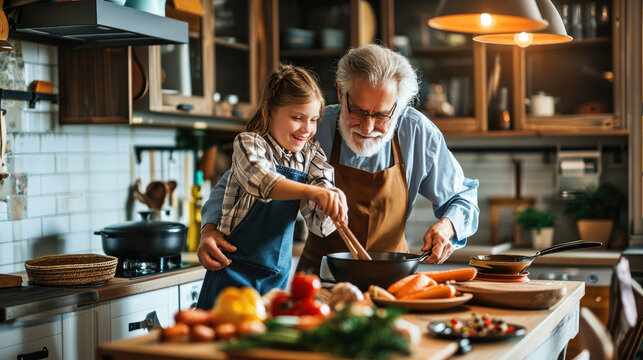 Happy family cooking together on white kitchen. Grandpa and grandchildren cut, mix, fried and prepare dinner. Home recreation and food preparation on weekend