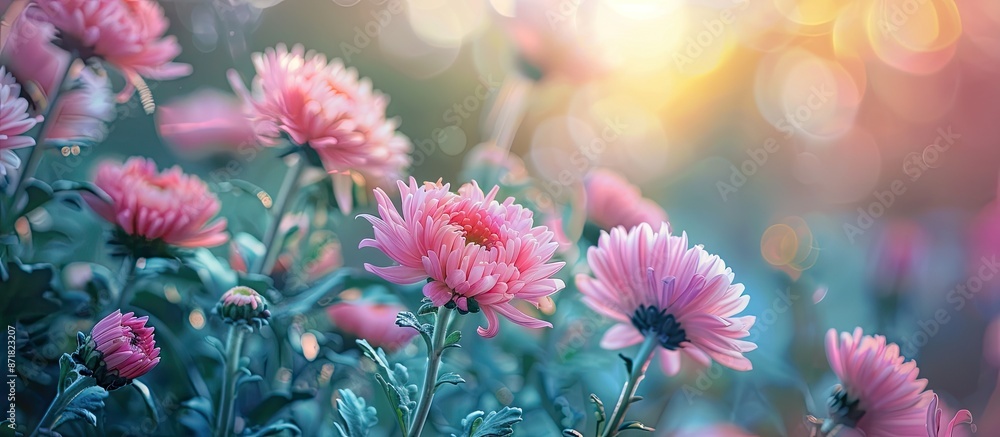 Poster wild nature setting with chrysanthemum flowers in a garden, featuring copy space image.