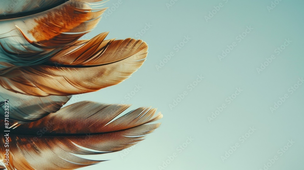 Poster top view close up photo with feathers on clean background with retro effects and copy space