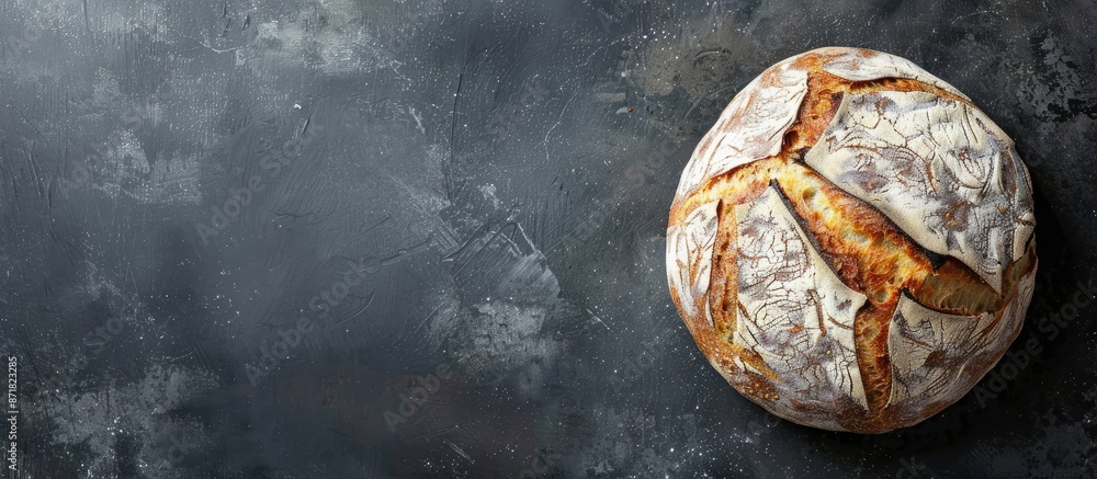 Poster copy space image featuring homemade whole grain sourdough bread against a dark backdrop in a close-u