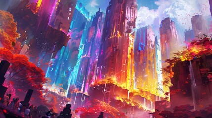 Obraz premium A vibrant, futuristic city skyline with glowing buildings and dramatic lighting.
