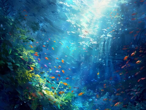A vibrant underwater scene with a school of colorful fish swimming through a coral reef. Sunlight shines through the water, illuminating the scene.