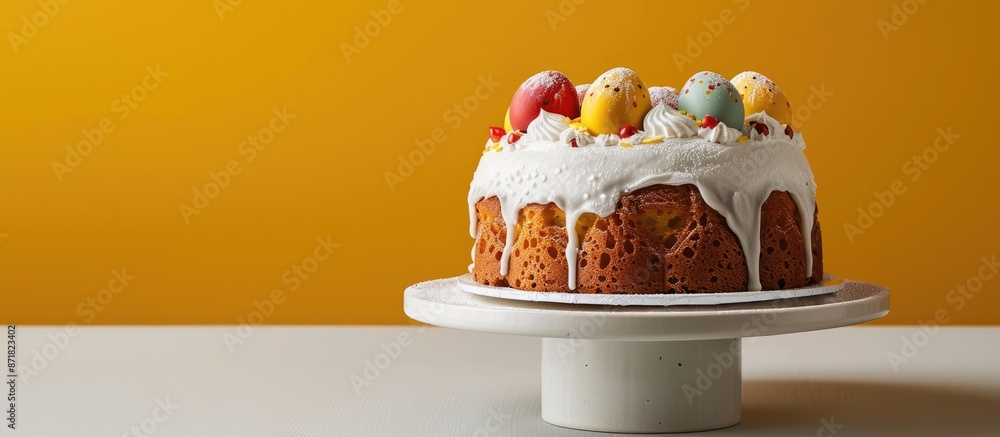 Poster traditional easter cake with painted eggs displayed on a platter on a white table, showcased against
