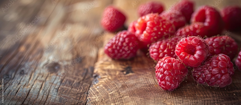 Poster ripe raspberries on a wooden surface with copy space image.