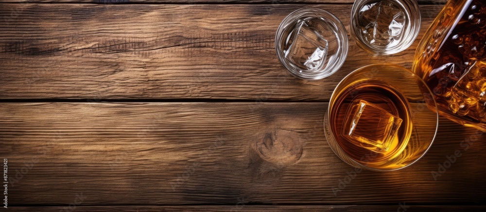 Canvas Prints Top-down view of a delicious whiskey arrangement displayed on a wooden surface, with a provision for text in the image