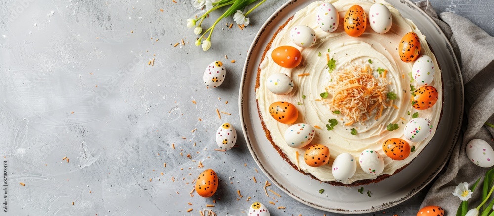 Poster easter-themed carrot cake topped with cream cheese frosting and sugar eggs, photographed from above 