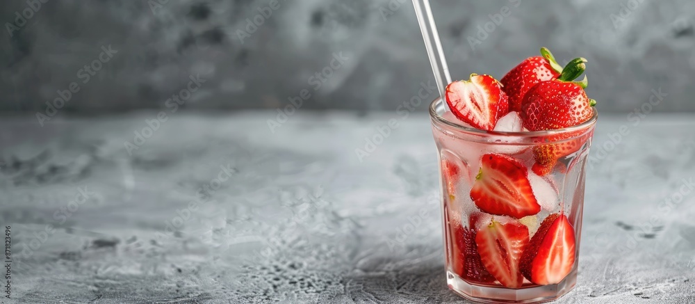 Poster Glass with a straw holding a mix of sliced strawberries on a gray backdrop, with available copy space image.