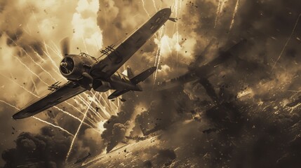 A vintage fighter plane soars through the sky, dodging explosions in a dramatic aerial battle.
