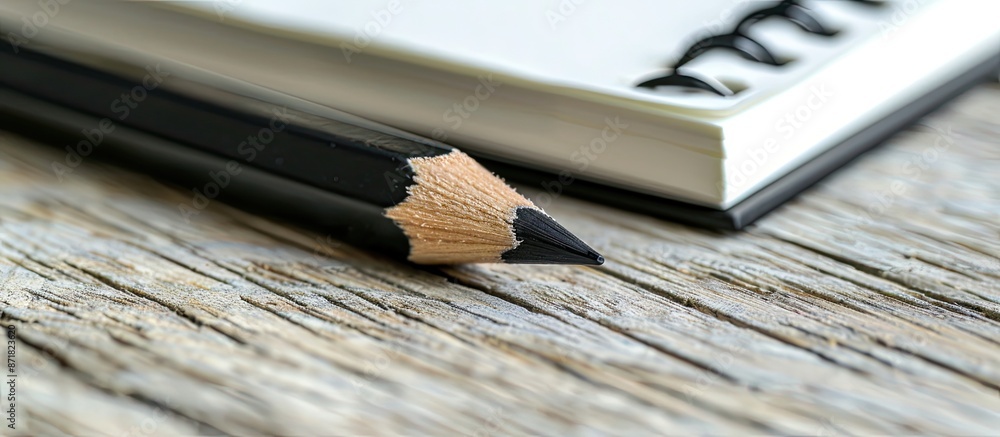 Poster a black pencil is nestled between a white notebook on a wooden background in a close-up and macro sh