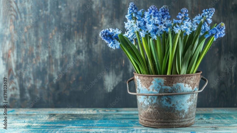 Wall mural floral arrangement in vintage metal pot with hyacinth flowers homey rustic decor ample room for text