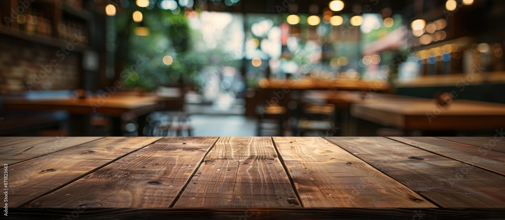Poster Empty brown wooden table with selected focus, blurred coffee shop background and bokeh effect create a suitable copy space image for product placement.