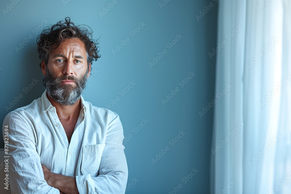 Wall mural Man With a Beard Standing by a Blue Wall