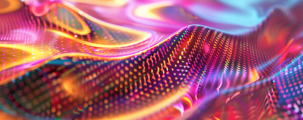 Abstract iridescent background design, 3d render, showcasing an intricate, fractal design. The iridescent surfaces shimmer with a rainbow of colors, creating a hypnotic and complex visual effect.