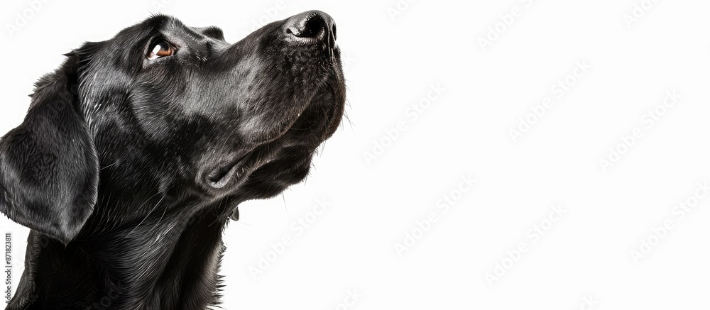 Poster A black Labrador Retriever gazes upward in a portrait isolated on a white background, providing ample copy space on the right side for text or graphics.