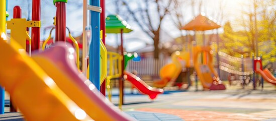 Sunny spring day at a modern kindergarten playground, offering a closed safe area for children to play outdoors with a selective focus on a copy space image.