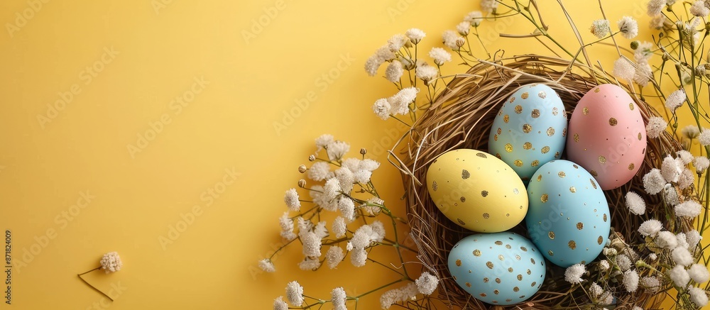 Aufkleber Top view flat lay composition with Easter eggs colored and decorated with gold on yellow paper, creating a festive and happy concept with room for text in the copy space image.