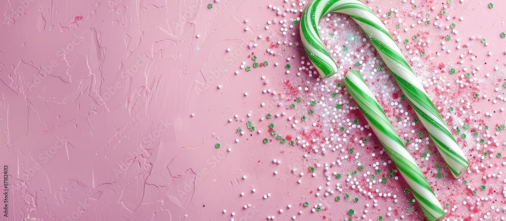 Poster green and white candy cane for christmas displayed on a pink backdrop with ample copy space image av